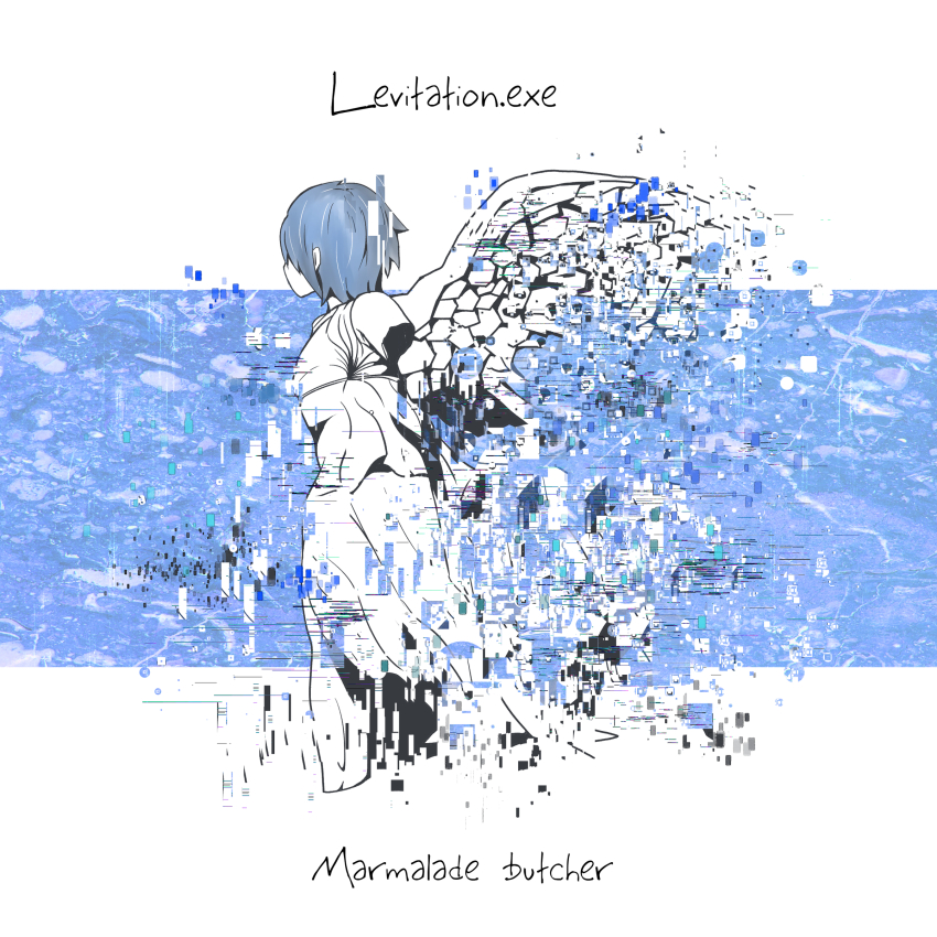 1other absurdres album_cover amputee androgynous armless_amputee artist_request blue_hair blue_theme chromatic_aberration copyright_name cover dissolving english_text full_body glitch highres marmalade_butcher_(band) monochrome official_art partially_colored short_hair solo wings