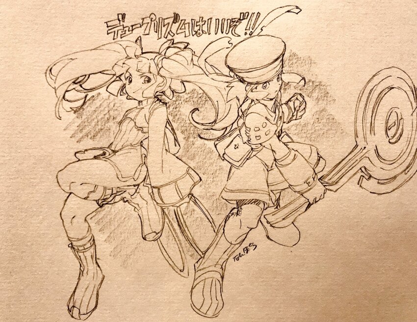 1boy 1girl boots chakram closed_mouth dewprism dress full_body gloves greyscale hat highres knee_boots long_hair long_sleeves looking_at_viewer mint_(dewprism) monochrome nanpou_(nanpou0021) pantyhose rue_(dewprism) simple_background smile twintails weapon