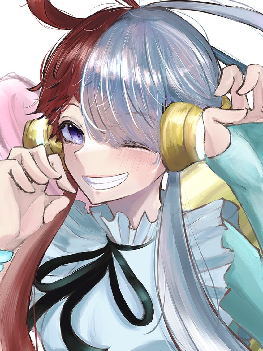 1girl arms_up behind-the-head_headphones black_ribbon blush clenched_teeth commentary_request hair_rings headphones highres looking_at_viewer multicolored_hair neck_ribbon one_eye_closed one_piece one_piece_film:_red purple_eyes red_hair ribbon simple_background smile solo split-color_hair tanake_(tanakei_ado) teeth upper_body uta_(one_piece) white_background white_hair