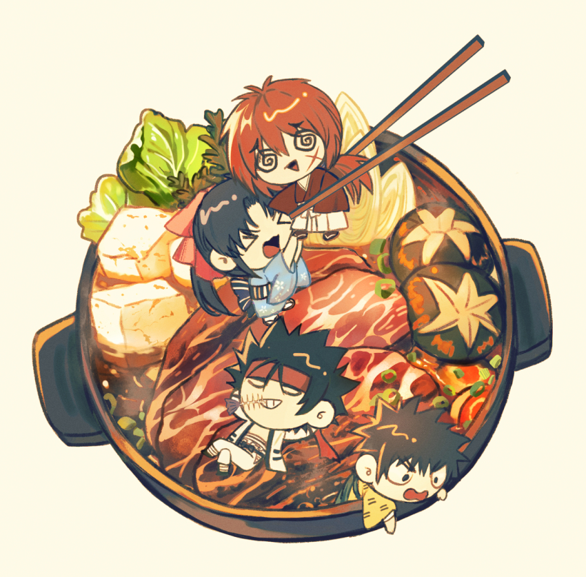 &gt;_&lt; 1girl 3boys @_@ beef black_hair blue_kimono brown_hair chibi chopsticks commentary_request cross_scar crossed_legs facial_scar food full_body geolu grin hair_ribbon hakama hakama_pants headband himura_kenshin hotpot japanese_clothes kamiya_kaoru kimono long_hair low_ponytail lying multiple_boys myoujin_yahiko on_back open_mouth pants pink_ribbon ponytail red_hair red_headband red_kimono ribbon rurouni_kenshin sagara_sanosuke sash scar scar_on_cheek scar_on_face short_hair smile spiked_hair wide_sleeves