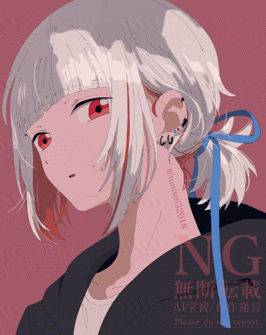 1girl black_jacket blue_ribbon borrowed_accessory collarbone colored_inner_hair diagonal_bangs earrings hair_ribbon highres hood hooded_jacket jacket jewelry link!_like!_love_live! looking_at_viewer love_live! low_ponytail matsui_ibuki multicolored_hair murano_sayaka open_clothes open_jacket parted_lips ponytail portrait red_background red_eyes red_hair ribbon shirt short_hair short_ponytail sidelocks simple_background solo streaked_hair twitter_username upper_body virtual_youtuber watermark watermark_grid white_hair white_shirt yugiri_tsuzuri yugiri_tsuzuri_(summer_loungewear)