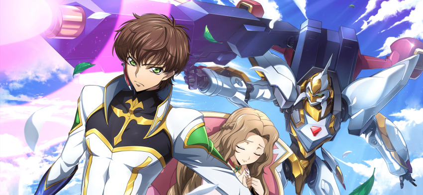 1boy 1girl arm_at_side artist_request blue_gloves blue_sky bodysuit braid brown_hair choker closed_eyes closed_mouth cloud code_geass code_geass:_lost_stories collarbone covered_collarbone day dutch_angle earpiece energy_gun falling_leaves firing game_cg glint gloves gold_trim green_eyes gun hair_intakes half_up_braid hands_up high_collar highres holding holding_gun holding_weapon kururugi_suzaku lancelot_(code_geass) lancelot_conquista leaf light_particles light_rays long_hair looking_at_viewer midair non-web_source nunnally_vi_britannia official_art on_chair outdoors outstretched_arm own_hands_together protecting purple_choker raised_eyebrows serious short_hair sidelocks sitting sky standing sunlight u_u upper_body v-shaped_eyebrows weapon white_bodysuit