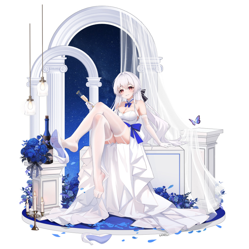 1girl allan_poe_(honkai_impact) blush breasts bug butterfly champagne_flute cleavage crossed_legs cup dress drinking_glass feet garter_straps highres honkai_(series) honkai_impact_3rd insect long_hair looking_at_viewer panties pantyshot parted_lips red_eyes see-through_clothes see-through_legwear shoe_dangle shoes soles thighhighs toes underwear unworn_shoes white_hair white_thighhighs xnnagu