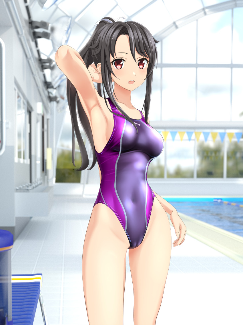 1girl absurdres armpits bench black_hair breasts cameltoe commentary_request competition_swimsuit contrapposto cowboy_shot high_school_fleet highres indoors long_hair looking_at_viewer medium_breasts multicolored_swimsuit munetani_mashiro one-piece_swimsuit open_mouth ponytail pool presenting_armpit purple_one-piece_swimsuit red_eyes round_teeth sidelocks solo standing string_of_flags swimsuit takafumi teeth upper_teeth_only