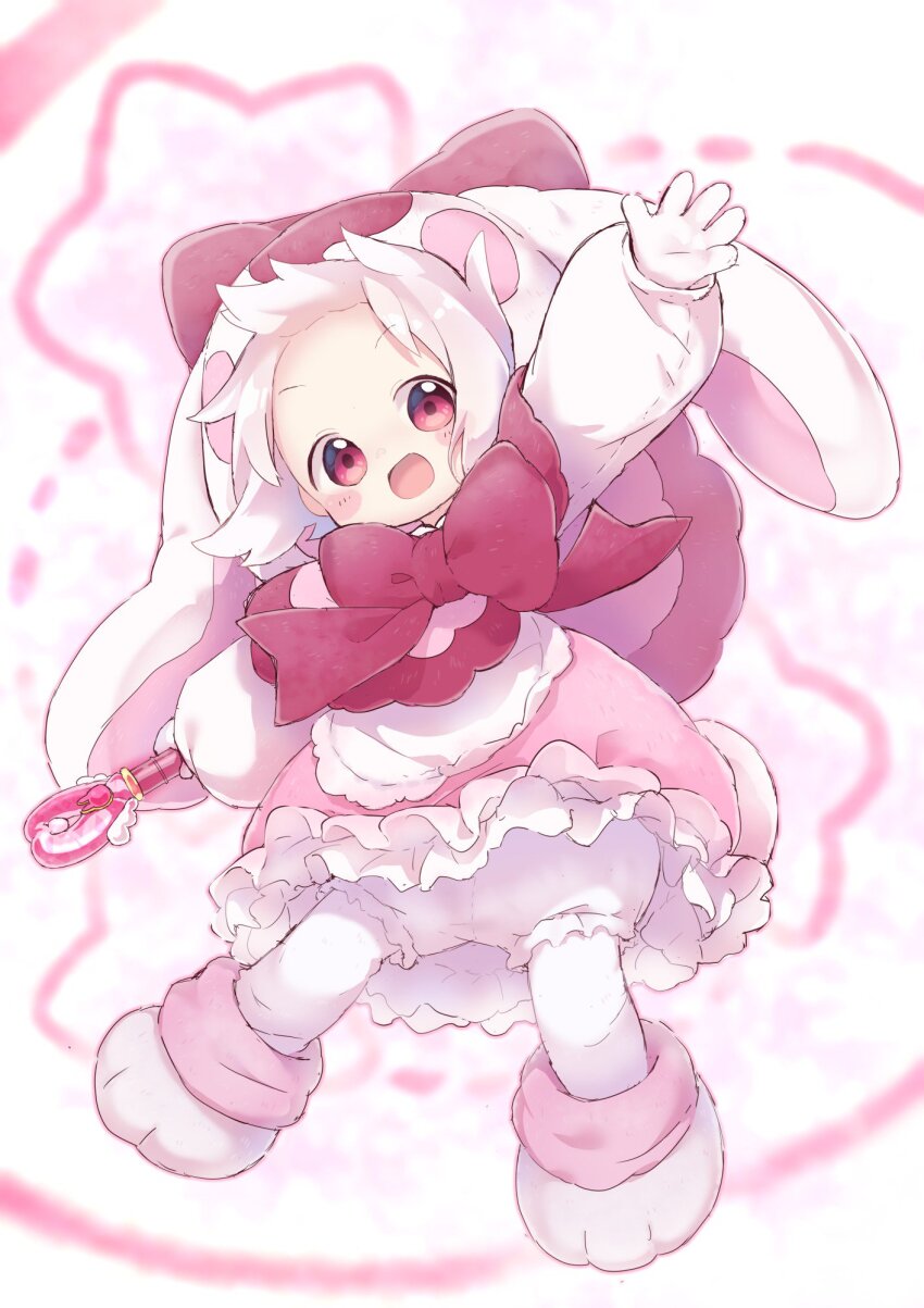 1girl :d animal_hood apron arm_up bloomers blush_stickers bow bowtie capelet character_request commentary_request copyright_request dress floating_hair full_body gloves hair_bow highres holding holding_wand hood hood_up long_sleeves loose_socks magical_girl nipeira open_mouth pantyhose paw_shoes petticoat pink_capelet pink_dress pink_eyes pink_socks puffy_long_sleeves puffy_sleeves rabbit_hood rabbit_tail red_bow red_bowtie short_hair smile socks solo tail tareme underwear v-shaped_eyebrows waist_apron wand white_apron white_bloomers white_footwear white_gloves white_hair white_pantyhose