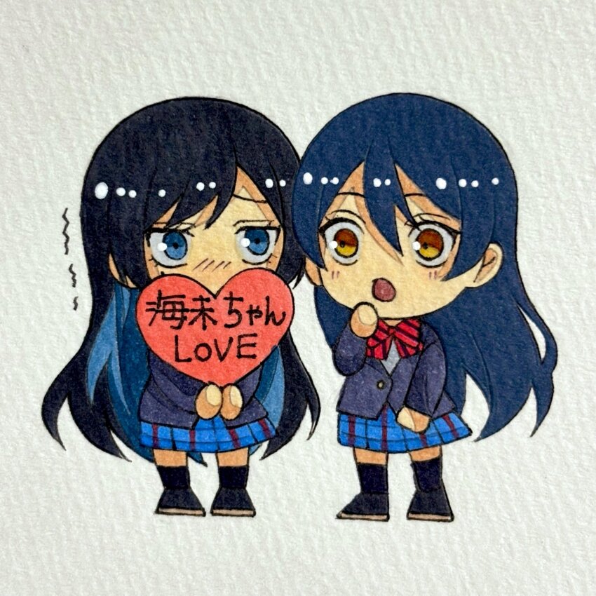 2girls ado_(utaite) black_hair black_socks blue_eyes blue_hair blue_jacket blue_skirt bow bowtie chando_(ado) chibi chibi_only colored_inner_hair commentary_request cosplay diagonal-striped_bow diagonal-striped_bowtie diagonal-striped_clothes hair_between_eyes highres jacket keeko_(kk_0012) kneehighs long_hair love_live! love_live!_school_idol_project mole mole_under_eye multicolored_hair multiple_girls open_mouth otonokizaka_school_uniform plaid_clothes plaid_skirt red_bow red_bowtie school_uniform skirt socks sonoda_umi sonoda_umi_(cosplay) striped_clothes translated utaite yellow_eyes
