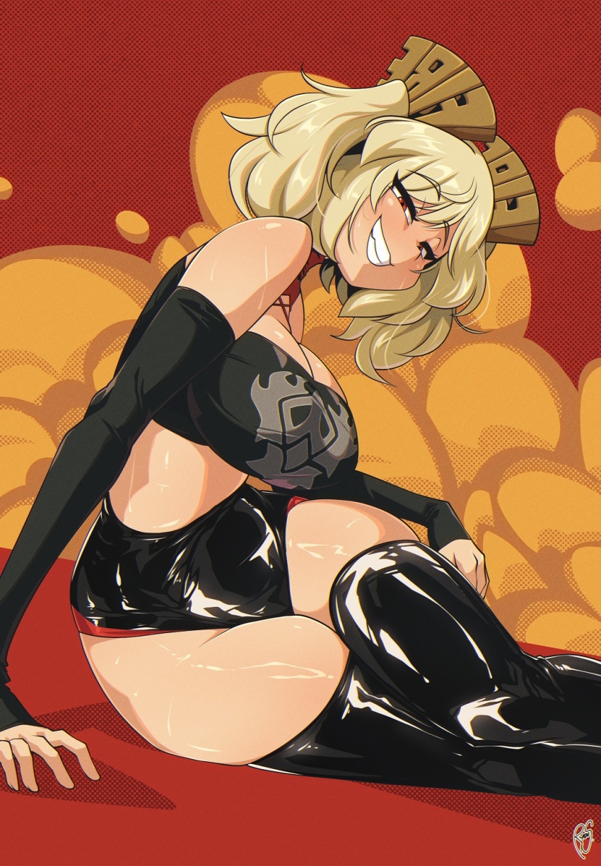 black_thighhighs blonde_hair breasts burnice_white cleavage elbow_gloves gloves grin hair_ornament highres large_breasts latex latex_legwear latex_thighhighs looking_at_viewer mrsakai red_eyes ryou_sakai shorts smile strapless thick_thighs thighhighs thighs tube_top turtleneck twintails zenless_zone_zero