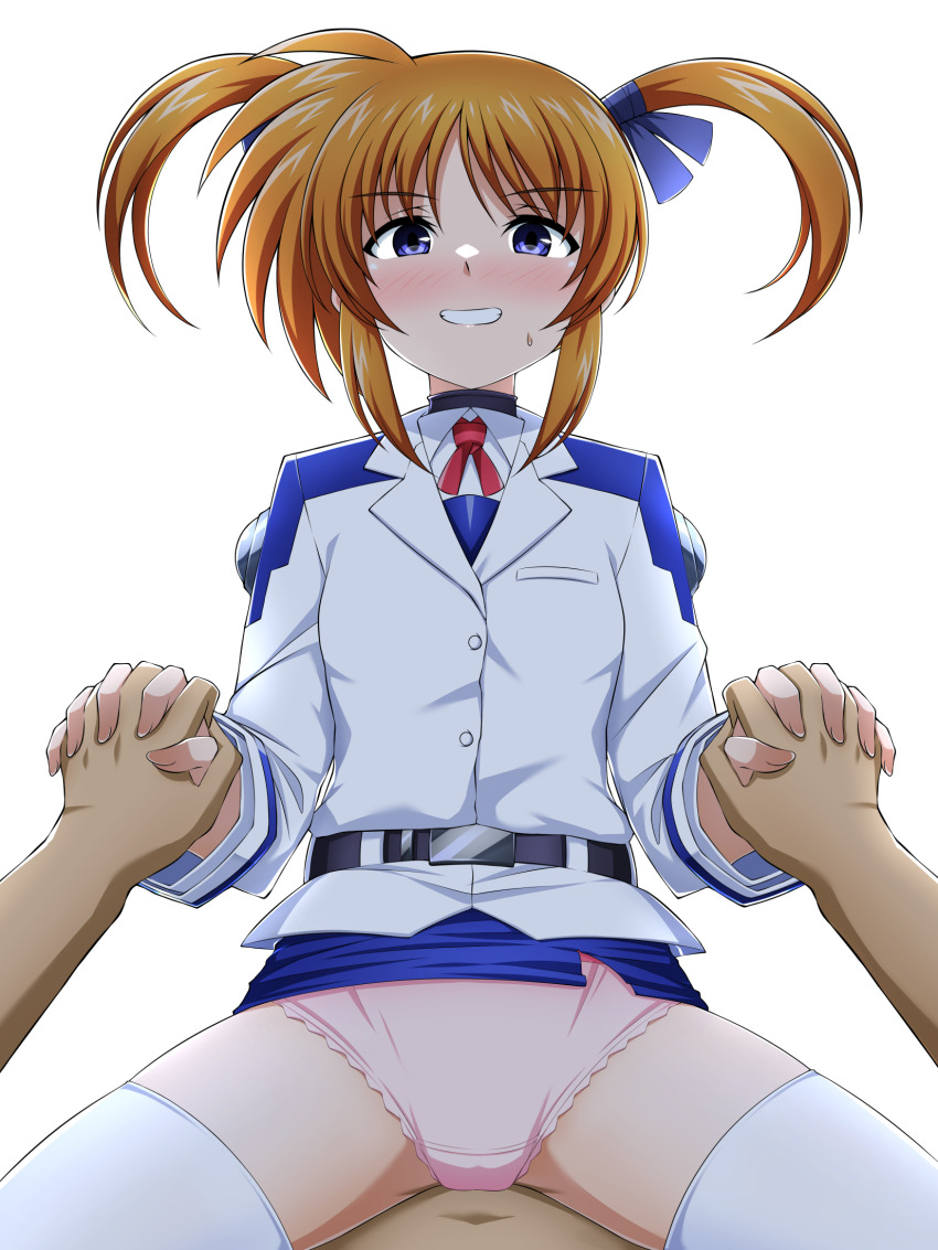 belt belt_buckle blush brown_hair buckle buttons dark-skinned_male dark_skin eyebrows_hidden_by_hair grin hair_ribbon highres holding_hands long_sleeves looking_at_viewer lyrical_nanoha mahou_shoujo_lyrical_nanoha navel oshimaru026 panties pink_panties purple_eyes red_ribbon ribbon short_twintails sidelocks simple_background skirt smile solo_focus sweatdrop takamachi_nanoha tsab_air_military_uniform twintails underwear white_background
