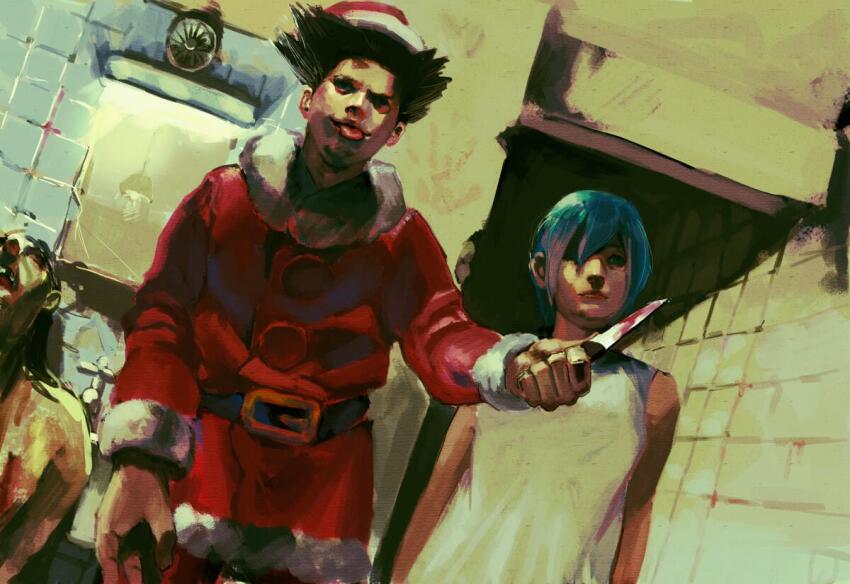 1boy 1girl aqua_hair belt black_hair blood breasts christmas corpse dress fur_trim hat knife linda_(linda_cube) linda_cube looking_at_viewer medium_breasts min_yam_min neku_(linda_cube) santa_costume santa_hat short_hair sleeveless spiked_hair