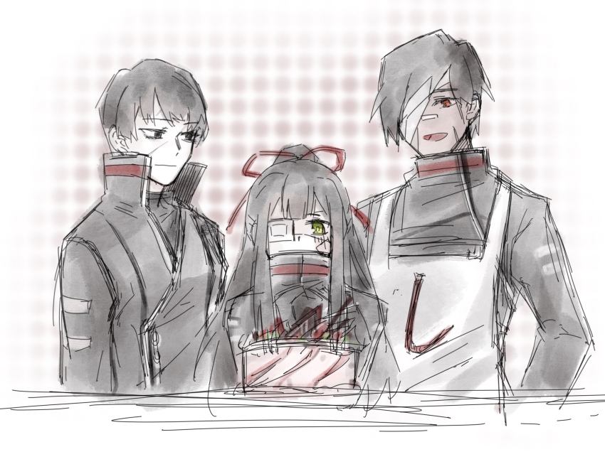 1boy 2girls apron black_eyes black_hair black_jacket cake closed_mouth food hair_ribbon half_updo highres jacket library_of_ruina long_hair maxwell_yaochu multiple_girls open_mouth project_moon red_ribbon ribbon shi_association_south_uniform sidelocks smile table tenma_(project_moon) upper_body valentin_(project_moon) very_long_hair yujin_(project_moon)