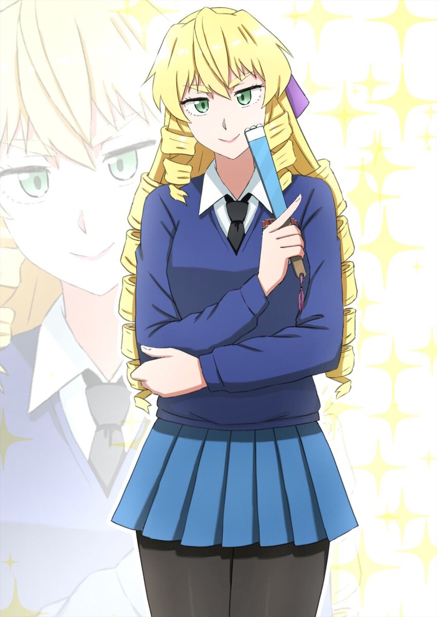 1girl akuyaku_reijou_tensei_ojisan alternate_costume black_necktie black_pantyhose blonde_hair blue_skirt blue_sweater closed_mouth commentary cowboy_shot dress_shirt drill_hair emblem folding_fan girls_und_panzer grace_auvergne green_eyes hand_fan hand_on_own_elbow highres holding holding_fan index_finger_raised long_hair long_sleeves looking_at_viewer miniskirt necktie omachi_(slabco) pantyhose pleated_skirt school_uniform shirt skirt smile solo sparkle st._gloriana&#039;s_(emblem) st._gloriana&#039;s_school_uniform standing sweater v-neck white_shirt wing_collar zoom_layer