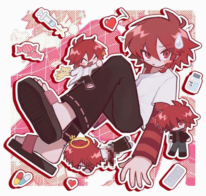 1boy ^_^ black_jacket black_pants blush_stickers border braid capsule censored closed_eyes crutch death dot_nose dynamite explosive fang fingernails full_body grey_pants hair_between_eyes heart holding holding_stuffed_toy jacket lab_coat maeno_aki male_focus medicine mosaic_censoring off_shoulder pants pill pixel_heart red_eyes red_hair sandals shirt shirt_under_shirt short_hair single_braid striped_clothes striped_shirt stuffed_animal stuffed_toy sweatdrop syringe teddy_bear white_border white_shirt yappari zeno