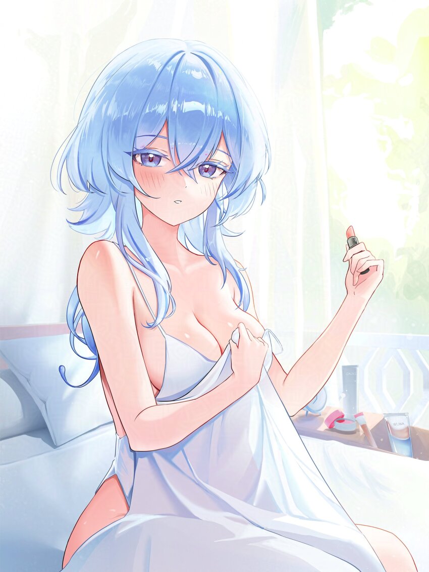 1girl adversarial_noise alternate_costume bare_shoulders blue_hair blush breasts chuvi_y cleavage collarbone colored_eyelashes commentary cosmetics hair_between_eyes highres holding holding_lipstick_tube indoors large_breasts lipstick_tube looking_at_viewer on_bed parted_lips purple_eyes shorekeeper_(wuthering_waves) solo strap_slip symbol-only_commentary under_covers wuthering_waves