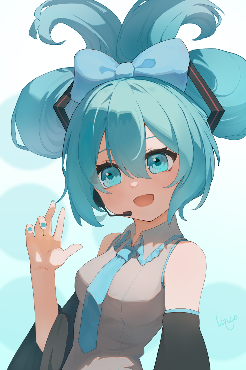 1girl absurdres alternate_hairstyle artist_name bare_shoulders bow collared_shirt earpiece green_eyes green_necktie grey_hair hair_bow hatsune_miku highres liago looking_at_viewer necktie open_mouth shirt solo upper_body vocaloid wide_sleeves