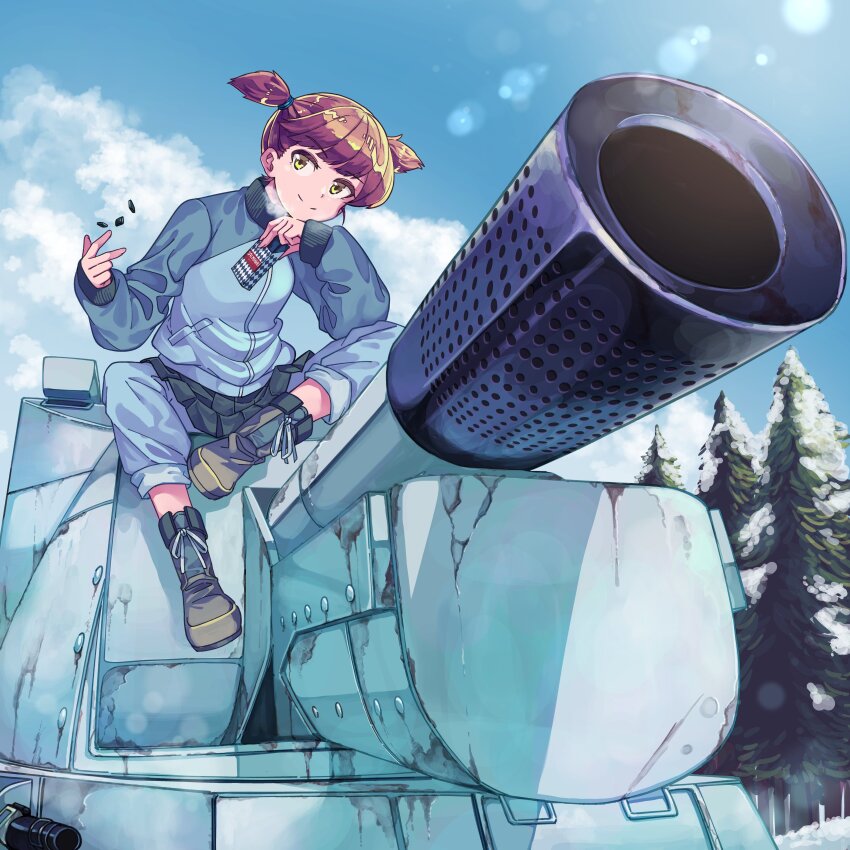 1girl absurdres aoi_kujira black_licorice black_skirt blue_jacket blue_pants brown_hair bt-42 candy food girls_und_panzer green_eyes highres jacket keizoku_military_uniform lens_flare mikko_(girls_und_panzer) military military_vehicle motor_vehicle pants short_hair sitting skirt smile snow solo tank track_suit tree vehicle_focus