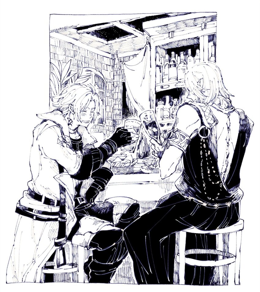 2boys ^_^ armlet backless_dress backless_outfit bar_stool black_dress black_gloves black_pants border bottle closed_eyes coat commentary cup dress drinking_glass elbow_gloves elezen elf feet_out_of_frame final_fantasy final_fantasy_xiv fingerless_gloves from_side gloves hatching_(texture) highres holding holding_cup hyur indoors itowo_(itowc) jewelry male_focus monochrome multiple_boys neck_tattoo open_mouth outside_border pants pointy_ears shelf short_hair sitting smile stool tattoo thancred_waters toasting_(gesture) urianger_augurelt white_border white_coat white_hair window