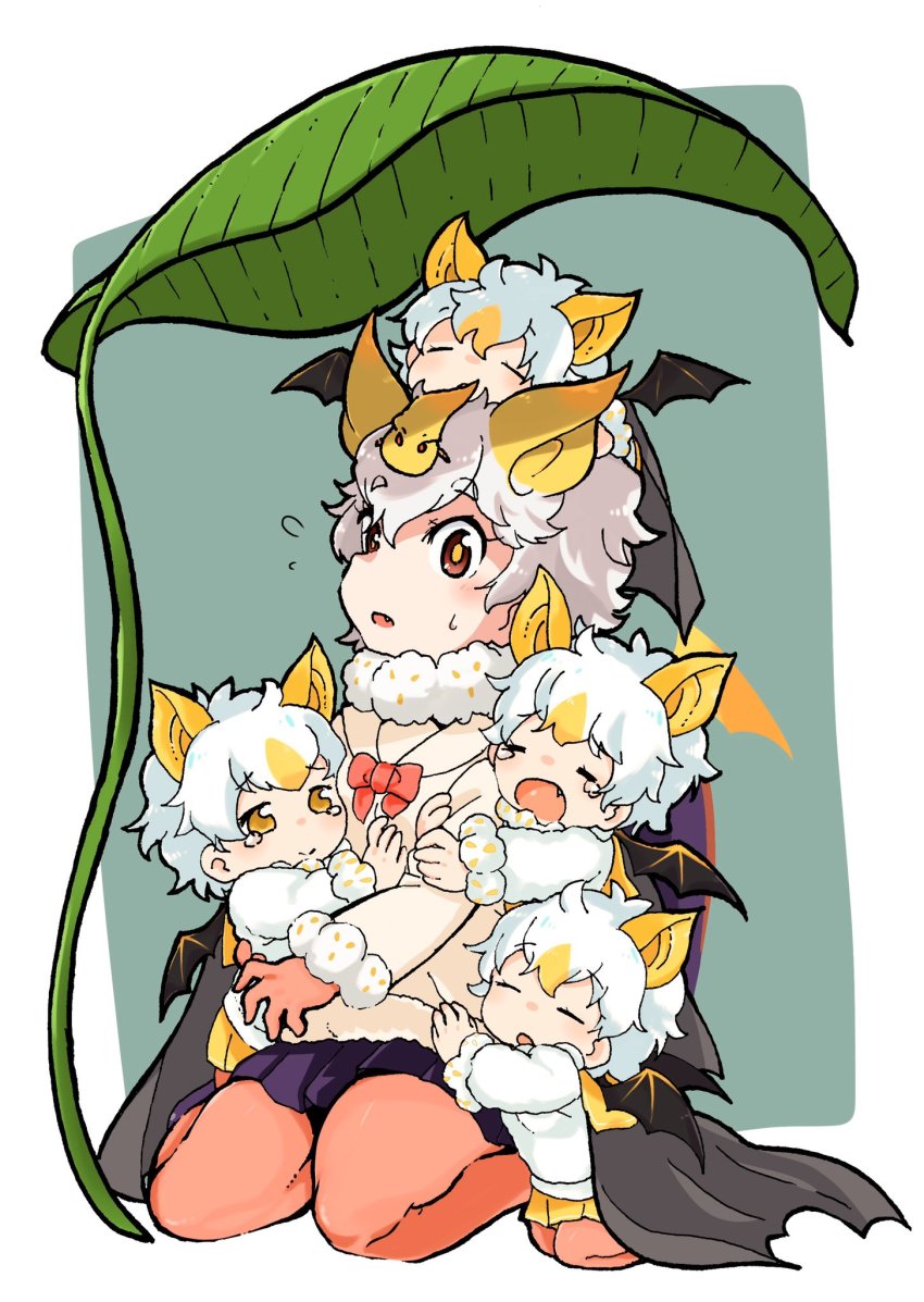 5girls aged_down alternate_costume animal_ears bat_ears bat_girl bat_wings blonde_hair blue_skirt blush bow bowtie cape child commentary_request extra_ears fang flying_sweatdrops fur_collar fur_trim hakoneko_(marisa19899200) highres honduran_white_bat_(kemono_friends) kemono_friends leaf leaf_umbrella multicolored_hair multiple_girls open_mouth orange_pantyhose pantyhose pleated_skirt red_neckwear short_hair skirt sweatdrop white_hair wings yellow_skirt