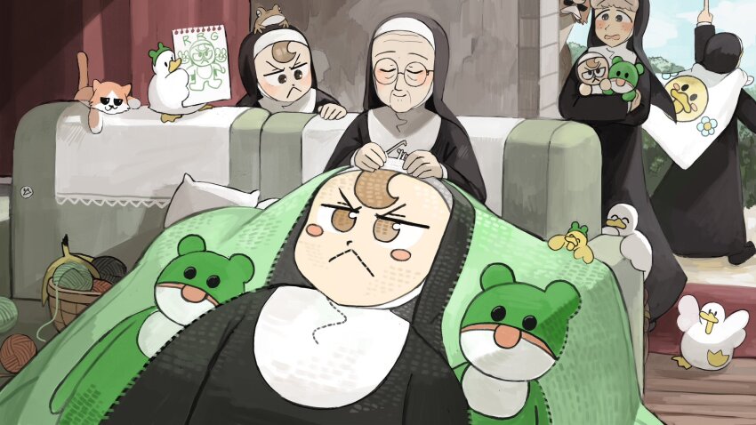 4girls animal animal_on_head baby_animal banana_peel bird blanket brown_eyes brown_hair cat chicken clumsy_nun_(diva) commentary diva_(hyxpk) duck duckling english_commentary freckles frog frog_headband frog_on_head froggy_nun_(diva) glasses grey_hair habit highres knitting little_nuns_(diva) mother_superior_(diva) multiple_girls nun old old_woman on_head ostrich round_eyewear sheep_nun_(diva) slice_of_life traditional_nun yarn yarn_ball