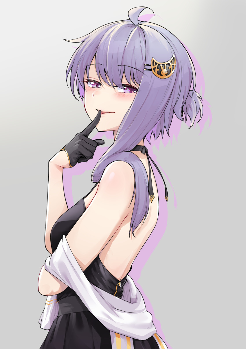 1girl adapted_costume ahoge backless_dress backless_outfit bare_back black_dress black_gloves blush cevio commentary dress finger_to_mouth gloves grey_background hair_ornament half-closed_eyes half_gloves hand_up highres lips looking_at_viewer medium_hair moon_(ornament) parted_lips ponytail purple_eyes purple_hair shawl short_ponytail single_sidelock smile solo standing upper_body vocaloid voiceroid yuzuki_yukari yuzuki_yukari_(rei) zipper zooanime