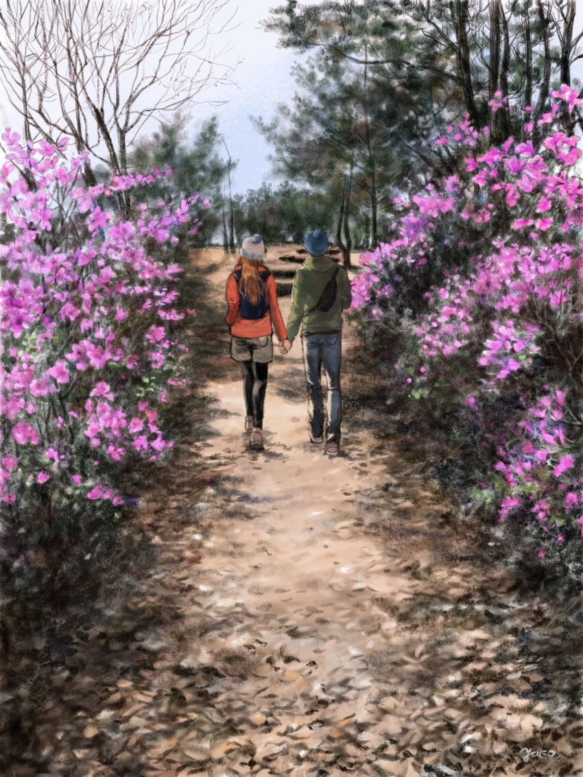 1boy 1girl backpack bag black_hair brown_hair fanny_pack flower hetero highres holding_hands ikari_shinji long_hair neon_genesis_evangelion niko_(silent.whitesnow) short_hair souryuu_asuka_langley walking_away winged_hat