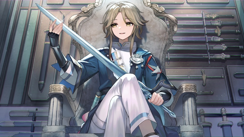 1boy ahoge blonde_hair blue_jacket chair changmingsuo chinese_clothes crossed_legs feet_out_of_frame glint hand_on_blade hand_up highres holding holding_sword holding_weapon honkai:_star_rail honkai_(series) jacket light_particles light_smile male_focus on_chair pants parted_lips shirt short_hair_with_long_locks sidelocks sitting sitting_on_throne solo sword teeth three-quarter_sleeves throne tsunakawa upper_teeth_only weapon white_pants white_shirt yanqing_(honkai:_star_rail) yellow_eyes
