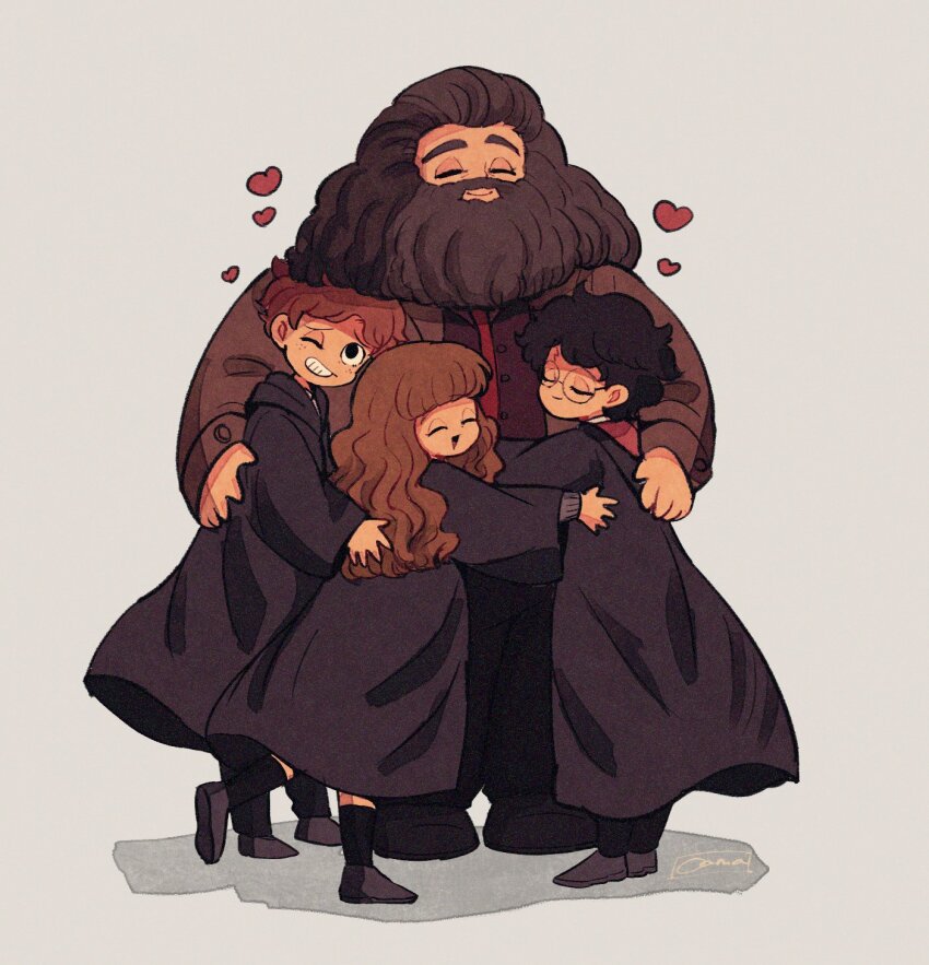 1girl 3boys amazou back beard black-framed_eyewear black_coat black_eyes black_footwear black_hair black_pants black_socks brown_hair brown_jacket brown_vest buttons closed_eyes closed_mouth coat commentary_request facial_hair freckles full_body glasses harry_potter harry_potter_(series) heart hermione_granger highres hogwarts_school_uniform hood hooded_coat hug jacket long_hair long_sleeves looking_at_another looking_up multiple_boys one_eye_closed open_clothes open_jacket open_mouth open_vest orange_hair pants red_shirt ron_weasley round_eyewear rubeus_hagrid school_uniform shadow shirt shoes short_hair simple_background smile socks standing teeth two-sided_hood vest wavy_hair white_background wide_sleeves wizarding_world