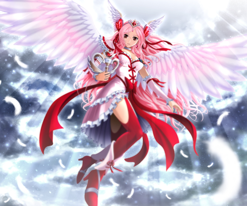 00s 1girl angel_wings boots bow choker cloud cure_passion cure_passion_(angel) dress feathers female_focus fresh_precure! frills gathers hair_ornament heart heart_hair_ornament higashi_setsuna light_rays magical_girl pink_hair precure red_eyes red_thighhighs ribbon sekken_kasu_barrier sky solo sunbeam sunlight thighhighs tiara waist_bow white_choker wings wrist_cuffs