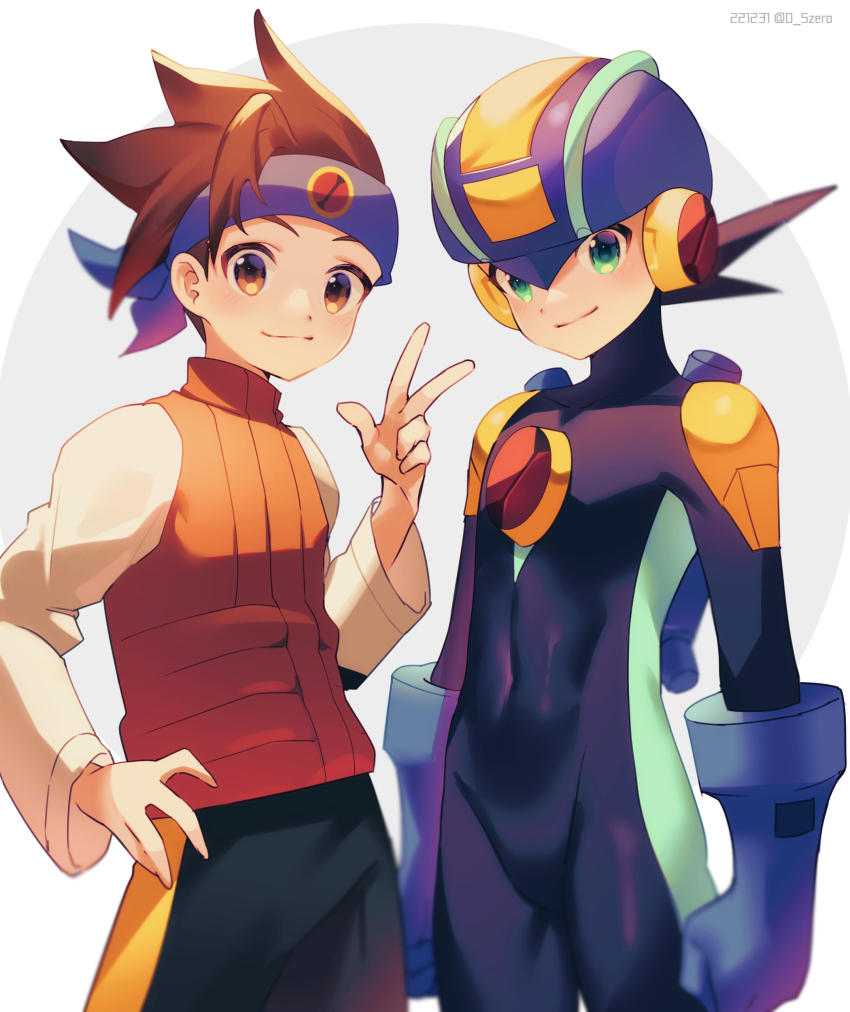 2boys absurdres arms_at_sides black_shorts blue_headband blue_headwear blue_helmet blurry blush bodysuit brown_eyes brown_hair closed_mouth covered_navel dated depth_of_field green_eyes grey_background hand_on_own_hip hand_up headband helmet highres lan_hikari_(mega_man) long_sleeves looking_at_viewer male_focus mega_man_(series) mega_man_battle_network mega_man_battle_network_(series) megaman.exe multiple_boys orange_vest shirt short_hair shorts side-by-side smile spiked_hair standing turtleneck twitter_username two-tone_background vest w white_background white_shirt zero-go