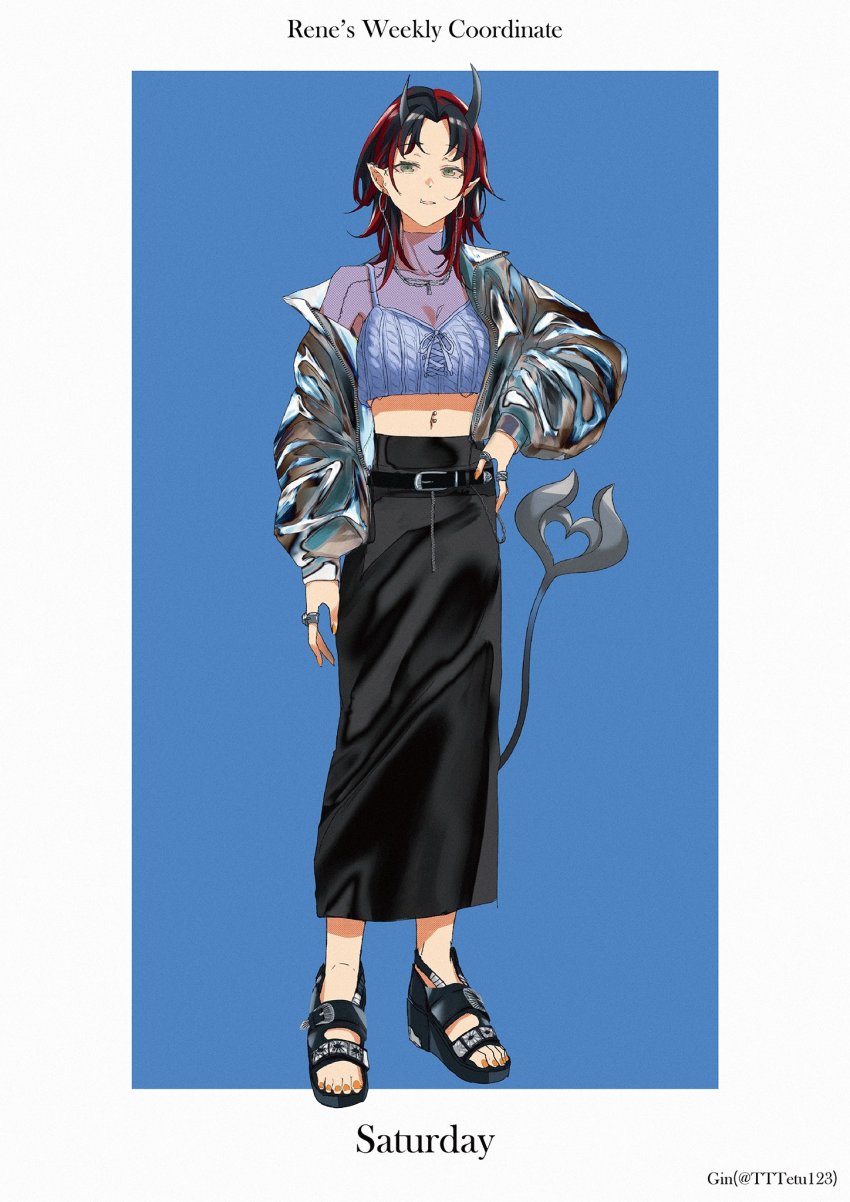 1girl alternate_costume alternate_hairstyle belt black_belt black_hair black_sandals black_skirt blue_background breasts commentary crop_top demon_girl demon_horns demon_tail ear_piercing english_text fishnet_top fishnets full_body gin_(tttetu123) green_eyes grey_jacket hand_on_own_hip highres horns jacket jewelry long_skirt looking_at_viewer medium_breasts medium_hair midriff multicolored_hair nail_polish nanashi_inc. navel navel_piercing necklace off_shoulder open_mouth parted_bangs piercing pointy_ears red_hair ring ryugasaki_rene sandals shiny_clothes simple_background skirt solo standing sugar_lyric tail toenail_polish toenails twitter_username two-tone_background two-tone_hair virtual_youtuber white_background