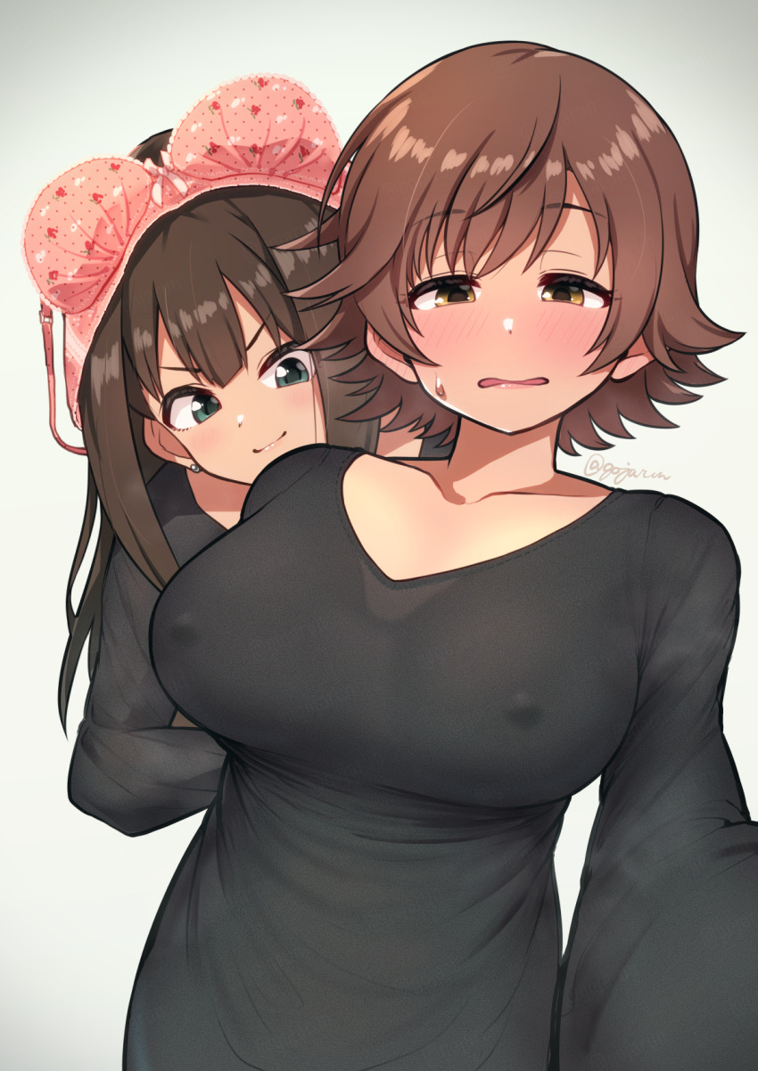 2girls black_shirt blush bra bra_on_head breasts brown_hair cherry_print collarbone commentary_request covered_erect_nipples embarrassed flipped_hair food_print fruit_print gojarun highres honda_mio idolmaster idolmaster_cinderella_girls large_breasts long_sleeves looking_at_another looking_at_viewer multiple_girls no_bra nose_blush object_on_head pink_bra selfie shibuya_rin shirt sweatdrop twitter_username underwear unworn_bra upper_body v-neck