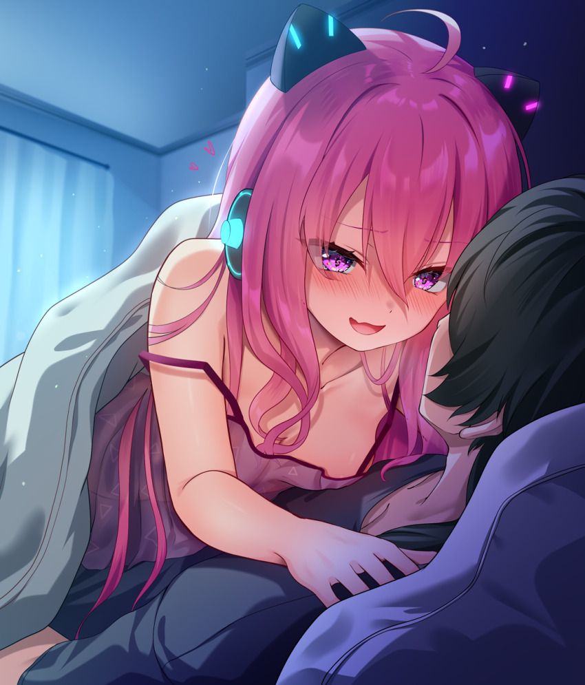 1boy 1girl ahoge akine_(kuroyuri) animal_ears bed_sheet bemani black_hair black_shirt collarbone dress fake_animal_ears flat_chest grace_(sound_voltex) highres long_hair looking_at_another on_bed open_mouth pink_dress purple_eyes shirt smile sound_voltex