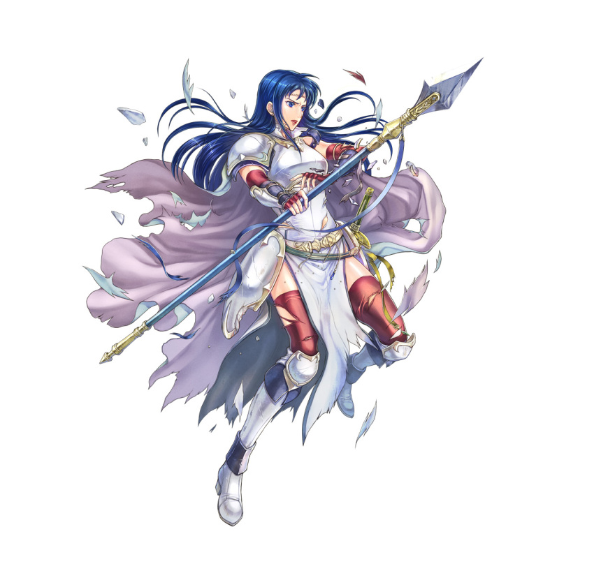 1girl armor blue_eyes blue_hair breastplate cape elbow_gloves female_focus fire_emblem fire_emblem:_the_blazing_blade fire_emblem_heroes full_body gloves holding holding_polearm holding_weapon isadora_(fire_emblem) long_hair matching_hair/eyes nintendo official_art pelvic_curtain polearm red_thighhighs shoulder_armor solo sword thighhighs torn_clothes torn_thighhighs vambraces weapon white_cape