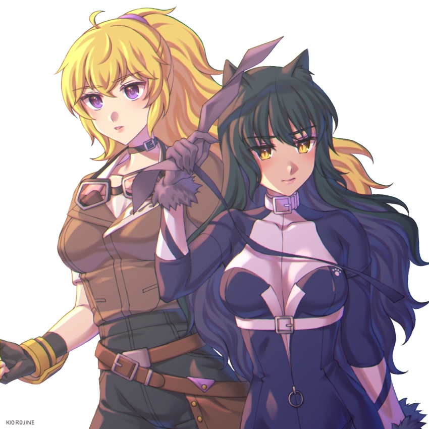 2girls ahoge animal_ears belt_buckle black_hair blake_belladonna blonde_hair buckle cat_ears cat_girl ember_celica_(rwby) goggles goggles_around_neck highres kio_rojine multiple_girls official_alternate_costume purple_eyes rwby rwby_ice_queendom yang_xiao_long yellow_eyes
