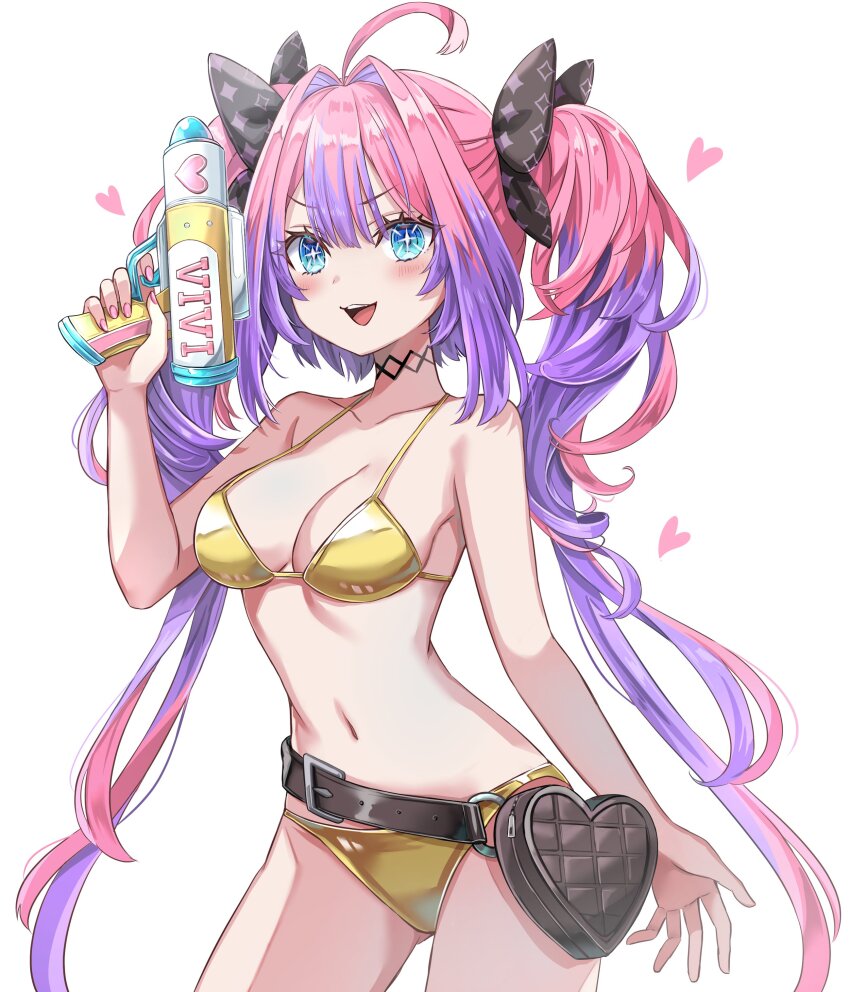 +_+ 1girl absurdres ahoge bare_shoulders belt bikini black_belt black_ribbon blue_eyes blush breasts chanmarorux cleavage collarbone fingernails hair_intakes hair_ribbon heart highres holding holding_water_gun hololive hololive_dev_is kikirara_vivi large_breasts long_hair multicolored_hair nail_polish navel open_mouth pink_hair pink_nails ribbon simple_background smile solo sparkle_print stomach swimsuit teeth thighs twintails two-tone_hair upper_teeth_only very_long_hair virtual_youtuber water_gun white_background yellow_bikini