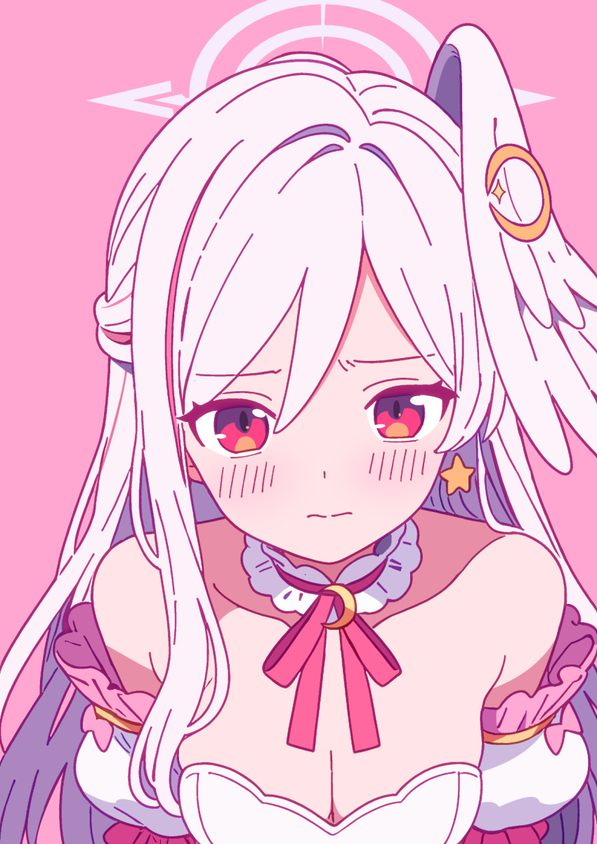 1girl bare_shoulders blue_archive blush breasts bustier cleavage commentary_request crescent crescent_hair_ornament detached_collar detached_sleeves earrings hair_between_eyes hair_intakes hair_ornament halo head_wings highres jewelry long_hair looking_at_viewer magical_girl medium_breasts neck_ribbon nervous otomii pink_background pink_ribbon portrait red_eyes ribbon single_earring single_head_wing solo star_(symbol) star_earrings suzumi_(blue_archive) suzumi_(magical)_(blue_archive) very_long_hair white_hair white_halo wings