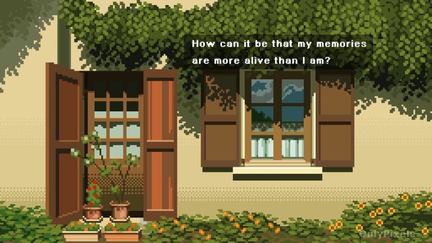 bush day english_text flower highres onlypixeeels open_door open_window_shutter original outdoors pixel_art plant potted_plant scenery shadow sunflower sunlight window