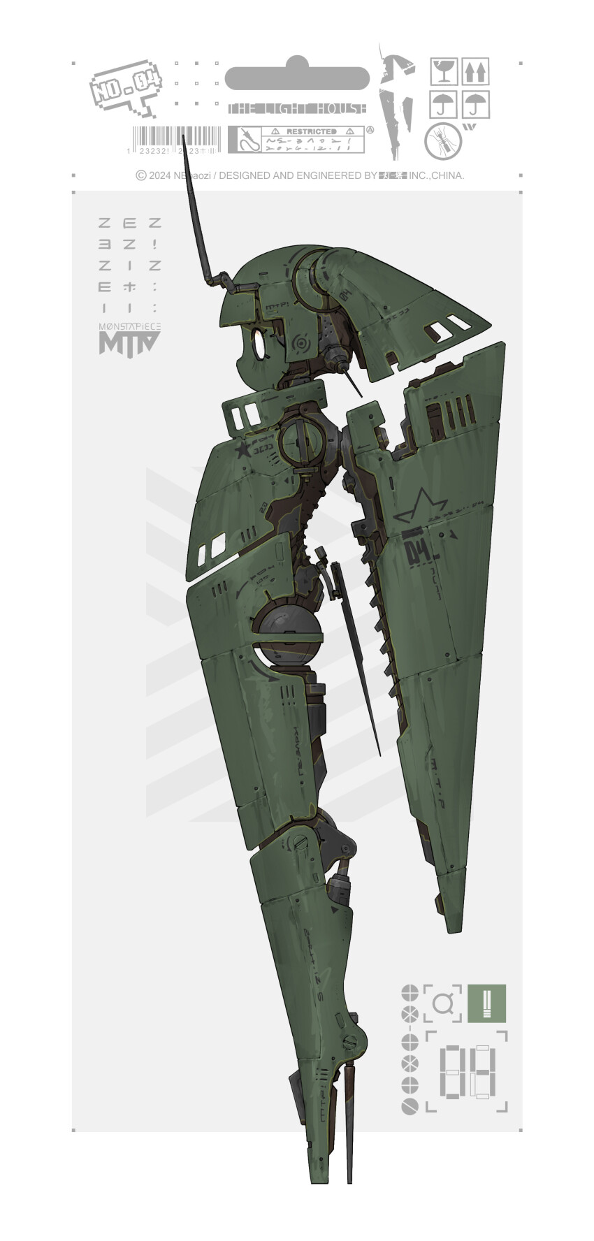 1girl absurdres armor arrow_(symbol) artist_name barcode bilingual_commentary black_skin blunt_bangs blunt_ends blunt_sidelocks breastplate colored_skin commentary copyright_notice cropped_arms dated dirty fragile_symbol from_side full_body gorget green_armor green_hair green_skin high_heels highres humanoid_robot joints leg_armor mechanical_hair mechanical_legs mechanical_tail mechanical_wings metal_skin mixed-language_commentary multicolored_skin ne_baozi no_feet no_mouth o_o original photoshop_(medium) piston profile radio_antenna robot robot_joints short_twintails sign simple_background solo star_(symbol) tail twintails two-tone_skin warning_sign white_background white_eyes wings