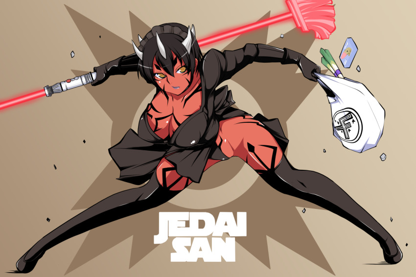 1girl alien b1_battle_droid bag black_dress black_gloves black_hair black_panties black_shoes black_thighhighs body_markings breasts character_name cleavage closed_mouth colored_skin dress energy_sword eyelashes facial_mark full_body futaba_channel gloves hair_between_eyes highres holding holding_bag holding_mop horns jedai_(nijiura_maids) juliet_sleeves large_breasts legs_apart lightsaber lips long_sleeves maid_headdress mop multiple_horns nijiura_maids panties pantyshot plastic_bag puffy_sleeves purple_lips red_skin ruriwo_(ruriwo1894) shiny_clothes shiny_skin shoes short_dress short_hair side_slit solo spring_onion standing star_wars sword thighhighs underwear weapon white_horns yellow_eyes zabrak