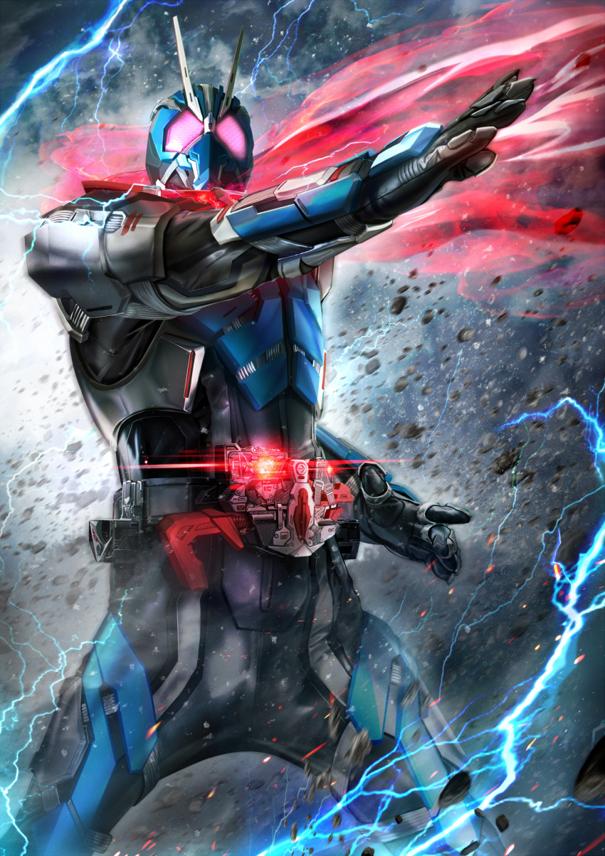 1boy armor belt electricity highres kamen_rider kamen_rider:_reiwa_the_first_generation kamen_rider_01_(series) kamen_rider_type-1 male_focus mask masukudo_(hamamoto_hikaru) post progrise_key scarf solo tokusatsu
