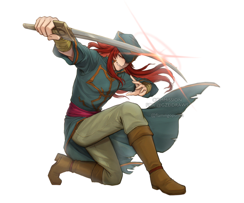1boy fire_emblem fire_emblem:_the_sacred_stones flamingo_(eme324) hat highres joshua_(fire_emblem) long_hair looking_at_viewer male_focus nintendo red_eyes red_hair smile solo