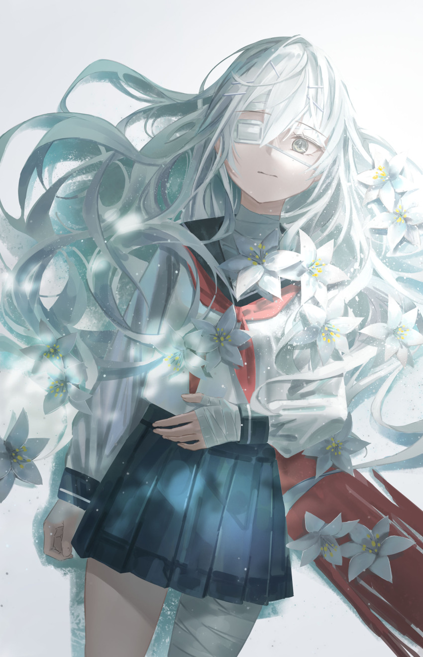 1girl absurdres bandaged_arm bandaged_leg bandaged_neck bandages blood blue_skirt closed_mouth commentary_request cowboy_shot eyepatch grey_eyes hair_between_eyes hair_spread_out hand_on_own_chest highres long_hair long_sleeves looking_at_viewer lying medical_eyepatch neckerchief on_back original pine50 pleated_skirt red_neckerchief sailor_collar school_uniform serafuku shirt skirt solo very_long_hair white_hair white_lily white_shirt