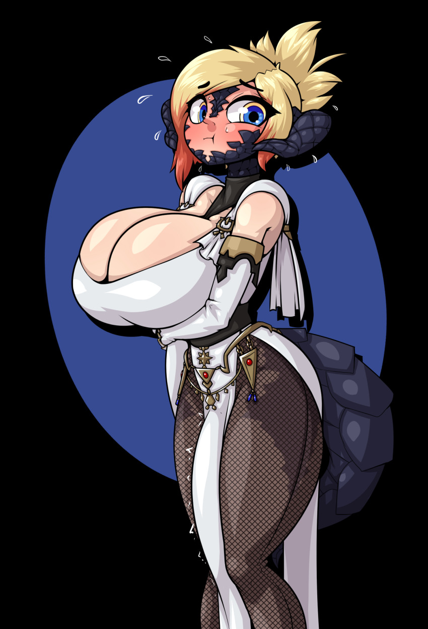 1futa au_ra blonde_hair blush breast_lift breasts bulge bursting_breasts cleavage erection erection_under_clothes final_fantasy final_fantasy_xiv fishnets futanari highres horns huge_breasts limebreaker solo thick_thighs thighs xaela