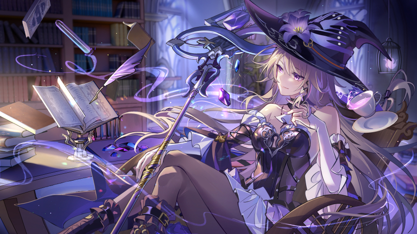 1girl black_dress black_pantyhose book bookshelf boots breasts brown_hair chair closed_mouth commentary_request crossed_legs cup detached_sleeves dress hat herta_(honkai:_star_rail) highres honkai:_star_rail honkai_(series) indoors knee_boots kongzao long_hair long_sleeves on_chair pantyhose purple_eyes sitting small_breasts smile solo teacup teapot the_herta_(honkai:_star_rail) very_long_hair watermark witch_hat