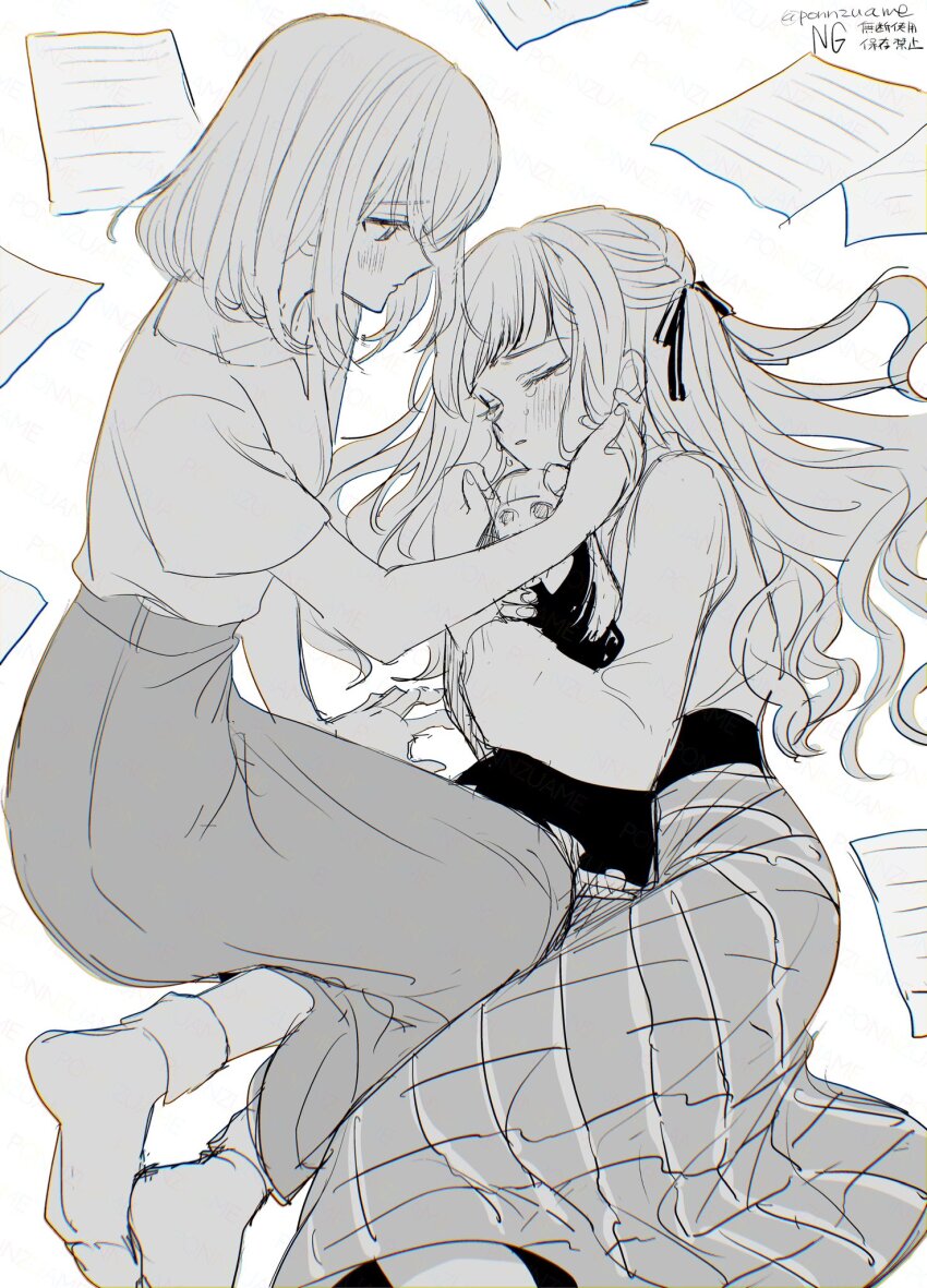 2girls amezawa_koma bang_dream! bang_dream!_it&#039;s_mygo!!!!! blush closed_mouth commentary crying greyscale hair_ribbon hand_in_another&#039;s_hair highres long_hair long_sleeves looking_at_another medium_hair misumi_uika monochrome multiple_girls paper parted_lips plaid_clothes plaid_skirt ribbon short_sleeves skirt tears togawa_sakiko two_side_up yuri
