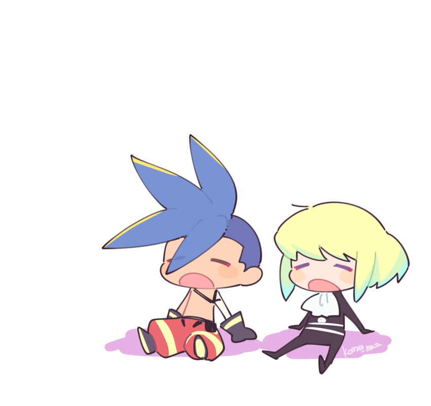 2boys artist_name ascot black_gloves black_pants black_shoes blonde_hair blue_hair blush_stickers chibi closed_eyes closed_mouth commentary_request full_body galo_thymos gloves hair_intakes highres kome_1022 lio_fotia male_focus mohawk multiple_boys open_mouth pants promare red_pants shadow shoes short_hair simple_background sitting striped_clothes striped_pants topless_male white_ascot white_background