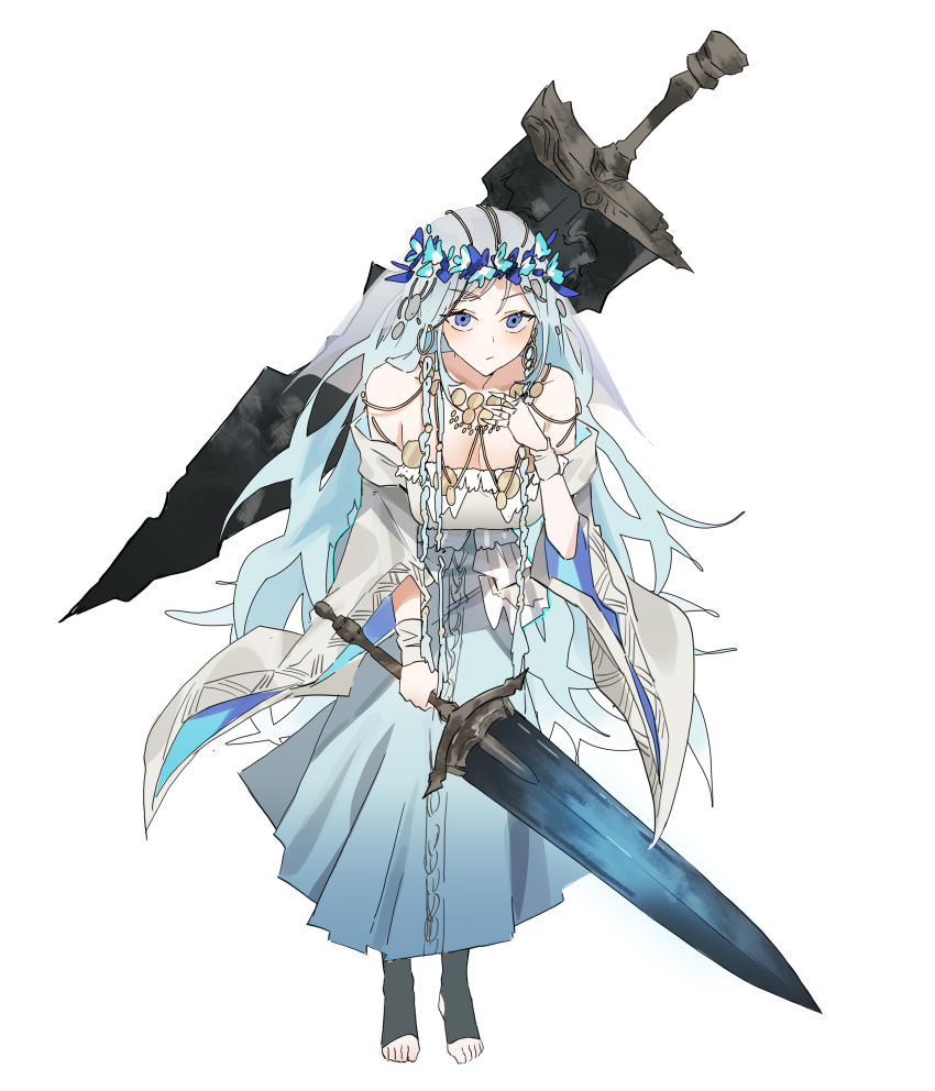 1girl absurdres bare_shoulders barefoot blue_hair braid breasts cleavage closed_mouth doll_joints dress elden_ring elden_ring_nightreign feet flower_wreath full_body hand_up head_wreath highres holding holding_sword holding_weapon jewelry joints large_breasts leaning_forward looking_at_viewer low_twin_braids moonlight_greatsword revenant_(elden_ring) shouz solo stirrup_legwear sword sword_on_back toeless_legwear twin_braids veil weapon weapon_on_back white_background white_dress white_veil wide_sleeves