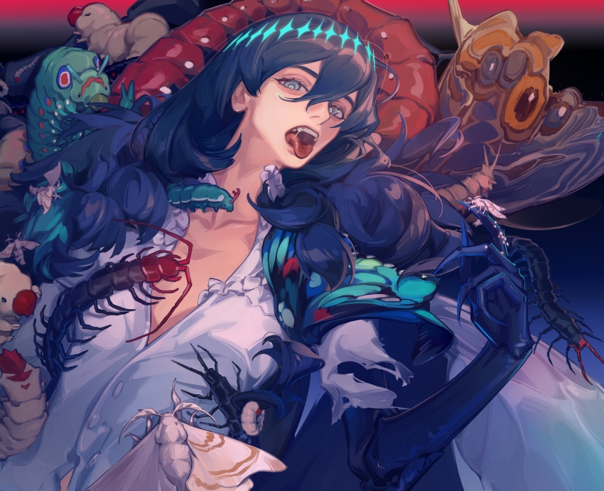 1boy absurdres aldaduzuoaoda arthropod_boy arthropod_limbs black_background blue_background blue_eyes bug cape centipede crown diamond_hairband fate/grand_order fate_(series) fur-trimmed_cape fur_trim gradient_background grey_hair highres insect insect_on_chest insect_on_finger looking_at_viewer male_focus medium_hair moth oberon_(fate) oberon_(third_ascension)_(fate) open_mouth saliva shirt simple_background solo torn_clothes upper_body white_shirt