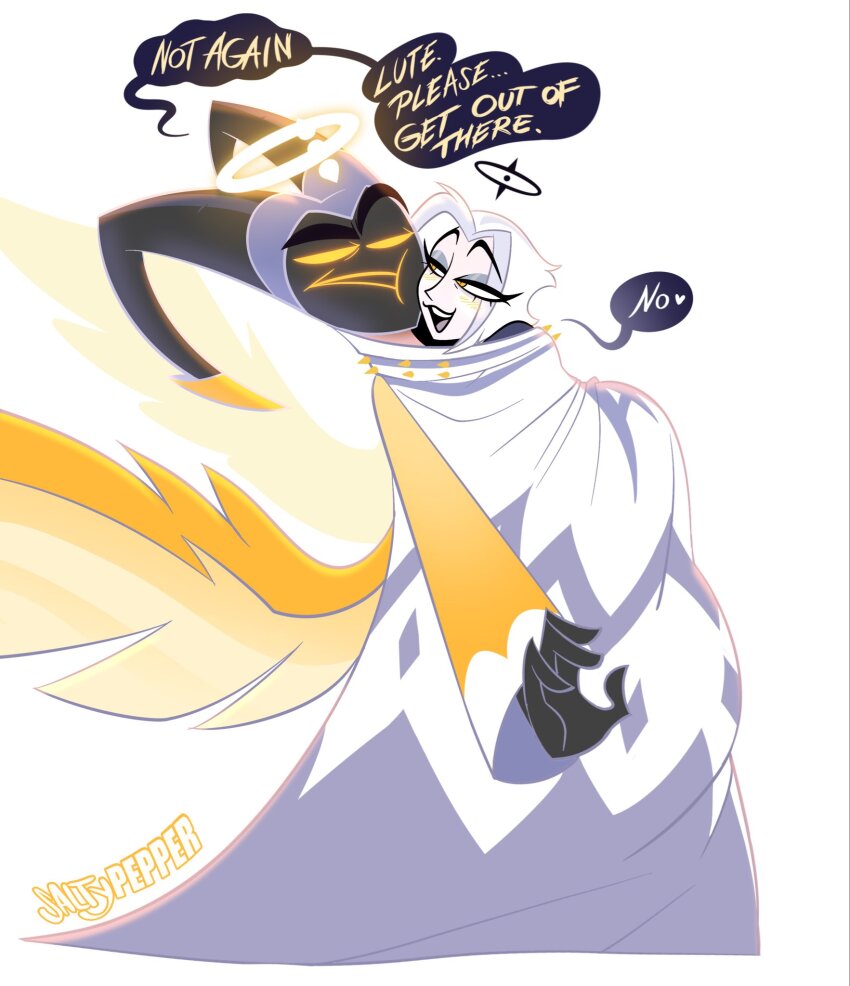 1boy 1girl :d adam_(hazbin_hotel) angel angel_wings blush english_text halo hazbin_hotel hellaverse highres horns long_sleeves lute_(hazbin_hotel) open_mouth saitypepper shared_clothes smile speech_bubble teeth upper_teeth_only white_background white_hair wings