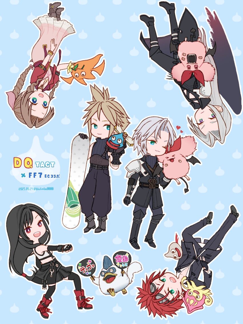2girls 4boys ;3 aerith_gainsborough aqua_eyes armor armored_gloves baggy_pants bandaged_arm bandages bangle black_bra black_gloves black_hair black_jacket black_pants black_shoes black_skirt black_suit black_thighhighs blonde_hair blue_background bluelimbo8888 boots bra bracelet braid braided_ponytail breasts brown_boots brown_hair chibi chibi_only choker clenched_hand cloud_strife collared_shirt creature crop_top cropped_jacket dragon_quest_tact dress elbow_gloves final_fantasy final_fantasy_vii final_fantasy_vii_ever_crisis fingerless_gloves floating flower flower_choker formal_clothes gloves goggles goggles_on_head green_eyes grey_hair hair_ribbon hair_tie highres holding_snowboard jacket jewelry light_smile lily_(flower) long_dress long_hair low-tied_long_hair medium_breasts midriff miniskirt monan multiple_boys multiple_girls one_eye_closed open_mouth pants parted_bangs pauldrons pink_dress pink_fur pink_ribbon pleated_skirt punching red_boots red_eyes red_hair red_jacket red_ribbon reno_(ff7) ribbon sephiroth sephiroth_(ever_crisis) sharp_teeth shirt shoes short_hair shoulder_armor sidelocks single_braid single_wing skirt sleeveless sleeveless_turtleneck slime_(creature) smile spiked_hair sports_bra suit suit_jacket suspenders teeth thighhighs tifa_lockhart turtleneck underwear upside-down white_shirt wings yellow_flower