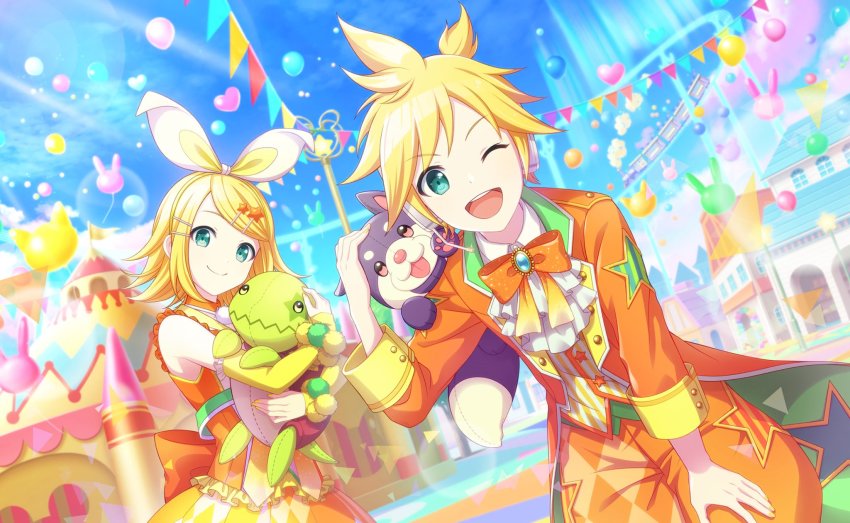 1boy 1girl ;d argyle_clothes argyle_dress argyle_pants arm_cutout ascot aurora back_bow balloon bent_over blonde_hair blue_sky bow brooch bubble buttons circus clothing_cutout cloud cloudy_sky collared_dress colorful_palette crayon day detached_collar detached_sleeves dress fingernails frilled_sleeves frills glitter green_eyes hair_bow hair_ornament hairclip hand_on_own_leg head_tilt headset heart_balloon high_ponytail highres jacket jewelry kagamine_len kagamine_rin lamppost leg_cutout light_rays looking_at_viewer nail_polish neck_ribbon official_art one_eye_closed open_mouth orange_bow orange_jacket orange_ribbon orange_shorts outdoors oversized_object pants parted_bangs pom_pom_(clothes) ponytail project_sekai puffy_short_sleeves puffy_sleeves rabbit_balloon railroad_tracks ribbon round_teeth short_hair short_ponytail short_sleeves shorts sky smile smoke star_(symbol) star_cutout star_hair_ornament string_of_flags striped_clothes striped_shorts striped_vest stuffed_animal stuffed_dog stuffed_toy stuffed_turtle teeth tower train triangle two-tone_bow upper_teeth_only vest vocaloid white_ascot white_bow wing_collar wonderlands_x_showtime_len wonderlands_x_showtime_rin yellow_bow yellow_nails yellow_sleeves